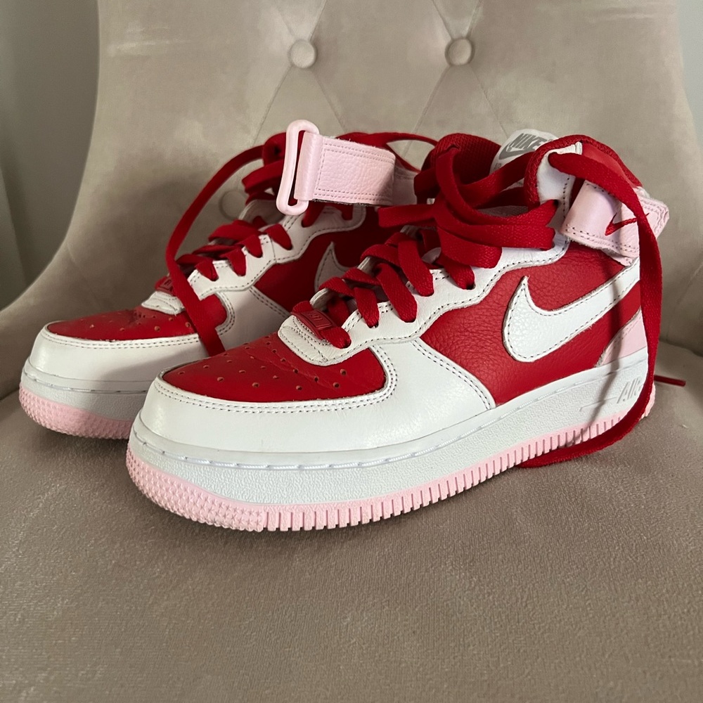VALENTINE RED AND BARBIE LIGHT PINK NIKE AIR FORCE ONES- WOMEN SIZE 5.5
